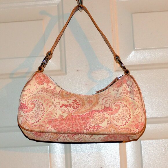 Banana Republic Factory Handbags - BANANA REPUBLIC Pink/Coral Cotton w/Leather Trim Zippered Small Handbag/Purse